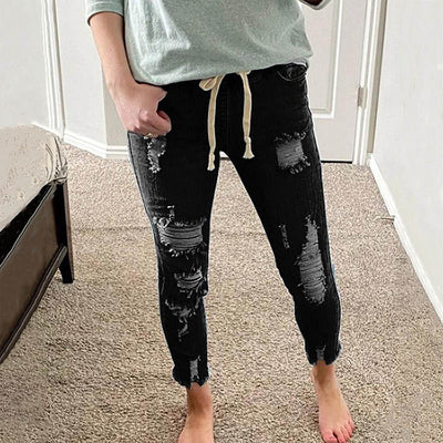Drawstring Distressed Denim Jeans (4 Colors)