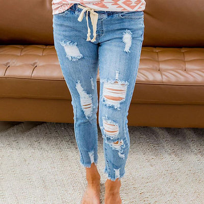 Drawstring Distressed Denim Jeans (4 Colors)