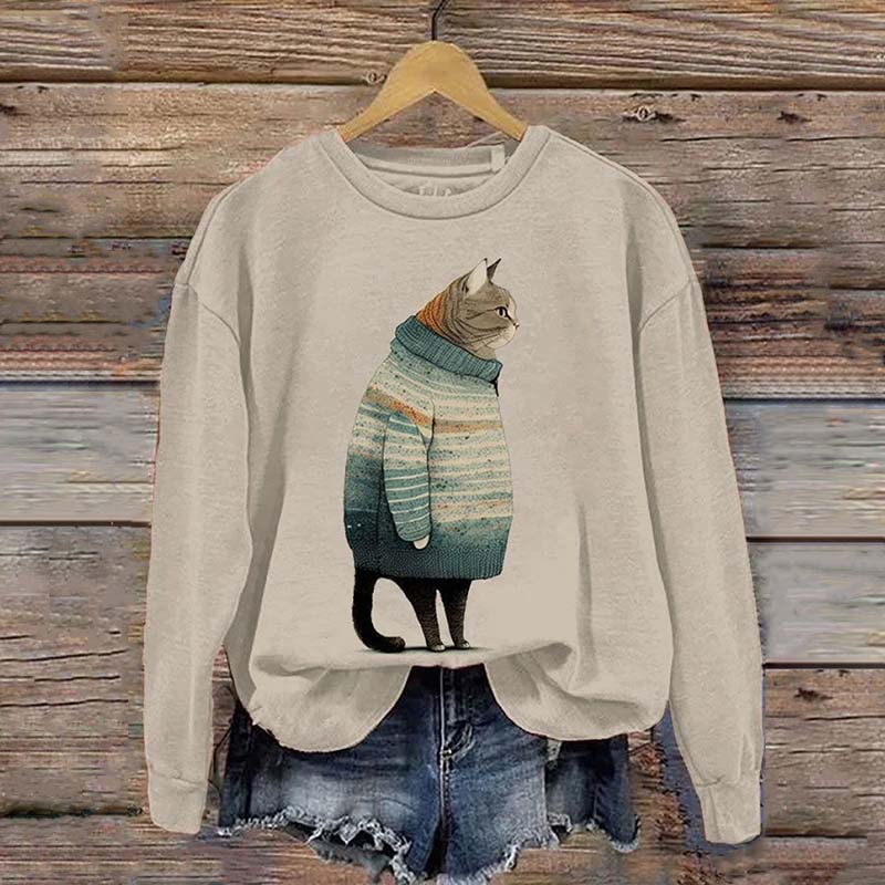 Women's Winter Cat Print Crew Neck Sweatshirt