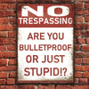 Metal Sign Vintage Retro - No Trespassing - Are You Bulletproof Or Stupid!? - Outdoor Sign For Home Decor
